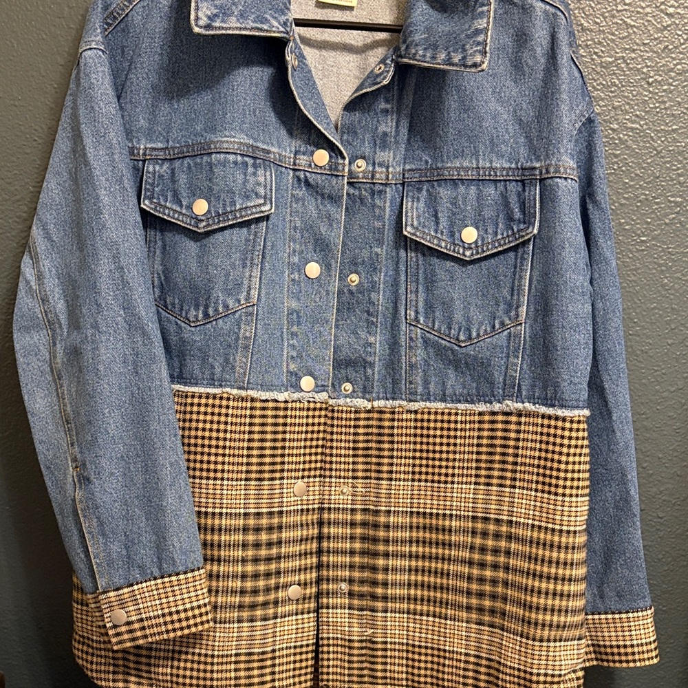 Denim Jacket with Brown Houndstooth Panel